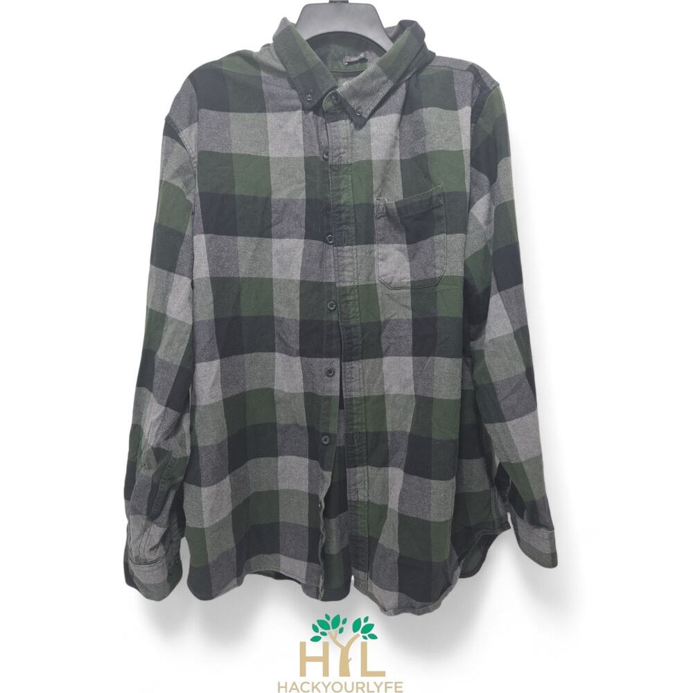 Eddie Bauer Flannel Shirt Mens XXL 2XL Green Plaid Long Sleeve Button Down Class
